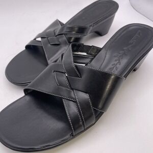 Clarks Womens 10 Leather Open Toe Slip On‎ Wedge Heel Stylish Comfort Pristine